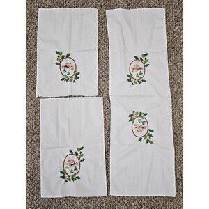 Christmas Hand Embroidered Tea Towels Poinsettia Barn Scene Unfinished Repurpose